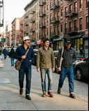 Three friends walking a city street wearing Paulie's Original Caps