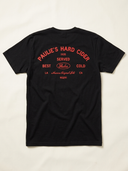 Back of the black Paulie's Oval Tee with the red Best Served Cold badge print