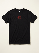 Paulie's Oval Tee in black with the red Paulie's oval logo on the chest, front view